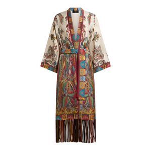 Etro Women Silk Duster Coat With Fringes And Paisley Foliage Print